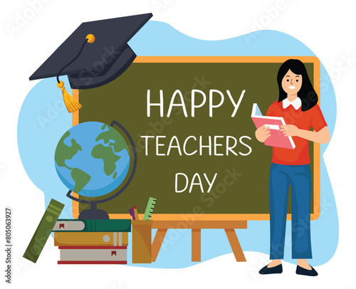female teacher standing hold book on front a blackboard or greeting happy teachers day