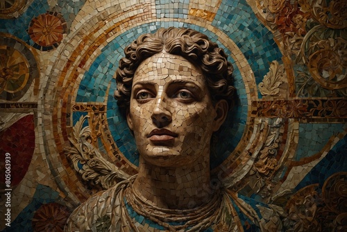 A statue of a man with a blue face and gold hair