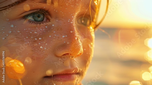A close up of a young girls face with droplets of water on her nose, eyebrows, eyelashes, and mouth, at the beach. Her jawline and surfer hair glistening with liquid, exuding a happy and fun vibe