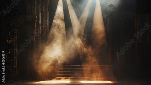 A stage shrouded in warm bronze smoke under a cool grey spotlight  offering a vintage  elegant visual.