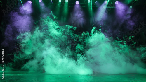 A stage with billowing pale green smoke illuminated by a dark violet spotlight  providing a fresh  mystical look.