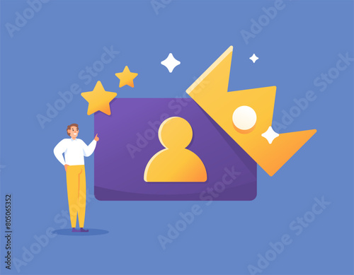a membership concept. join to become a VIP member. priority, premium, or exclusive accounts. privileged members. a man with a membership card and a crown. black card. illustration concept design