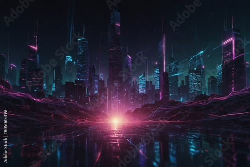 A cityscape with neon lights and a glowing light in the middle