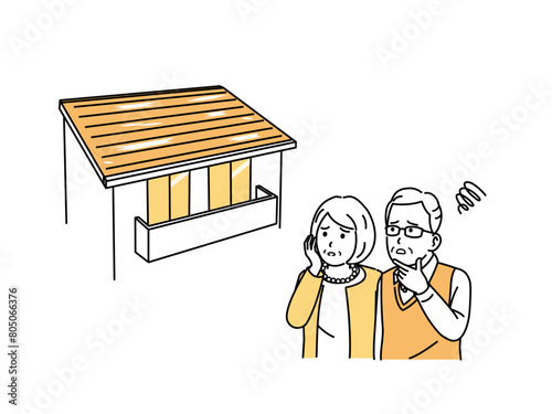 屋根の塗装が剥がれて困る老夫婦のイラスト