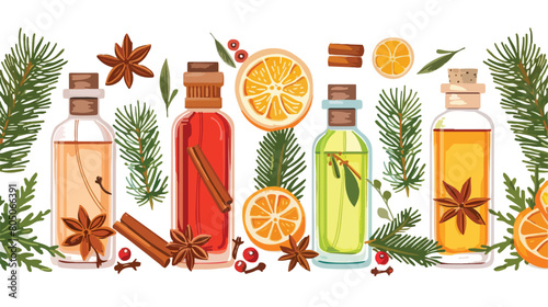 Bottles of different perfumes with spices and fir tre photo