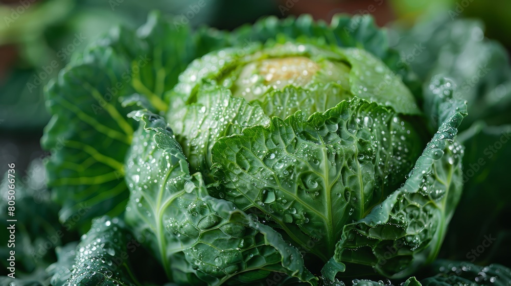 A tight shot of a lettuce head with dewdrops on its verdant leaves A tight shot of a lettuce head with dewdrops on its verdant leaves