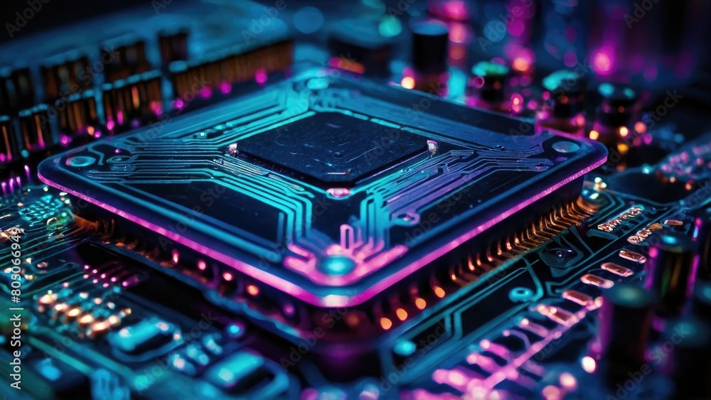 a close up of a computer circuit board with a blue and purple light a close up of a computer circuit board with a blue and purple light