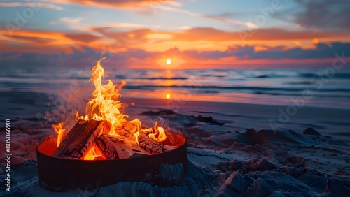 A fire pit on a beach with sunset background