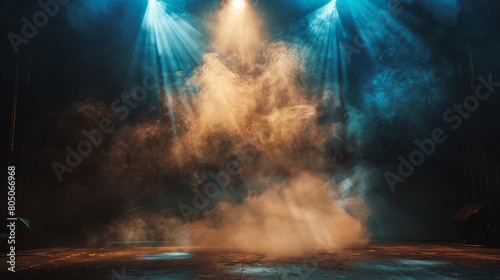 A stage with thick olive smoke under a sky blue spotlight, providing a deep, earthy contrast against a dark backdrop.