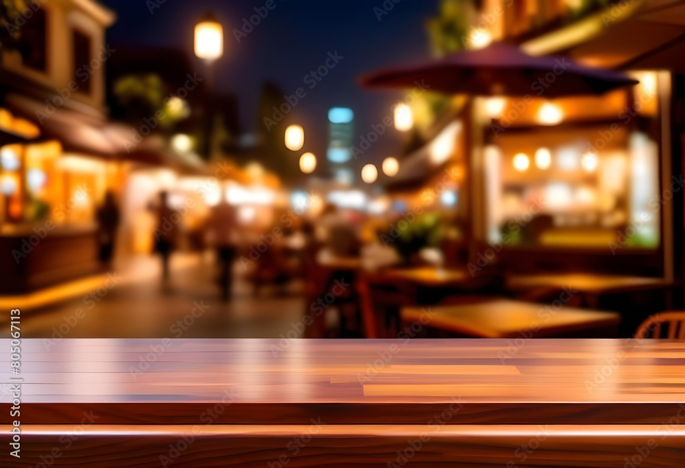 A wooden table with a blurred background of a restaurant at night A wooden table with a blurred background of a restaurant at night
