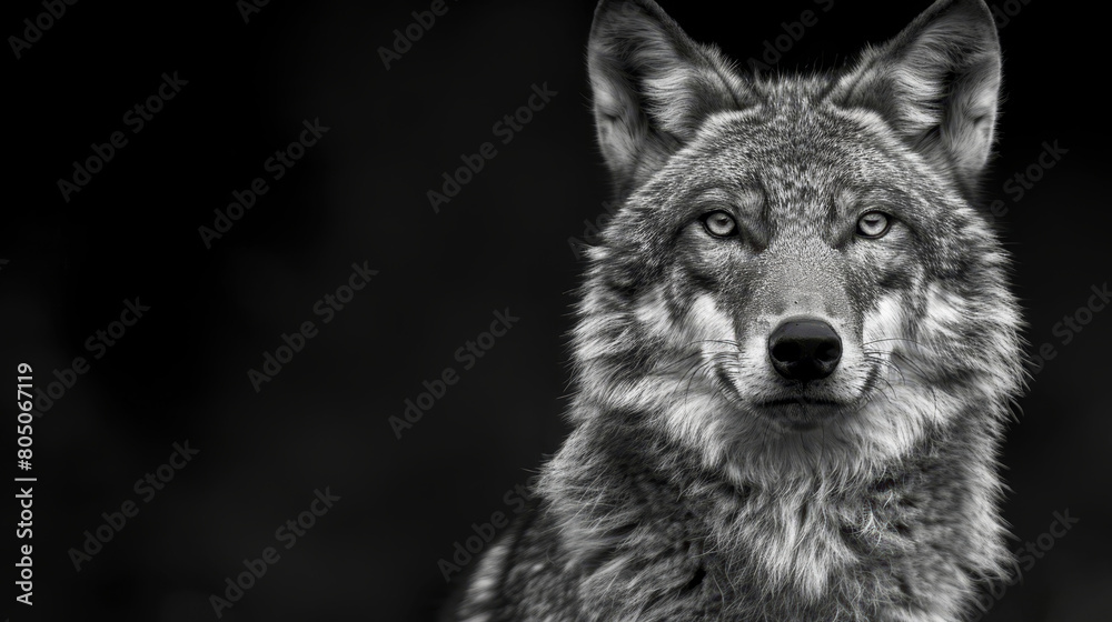   A black-and-white image of a wolf gazing into the camera with a mournful expression