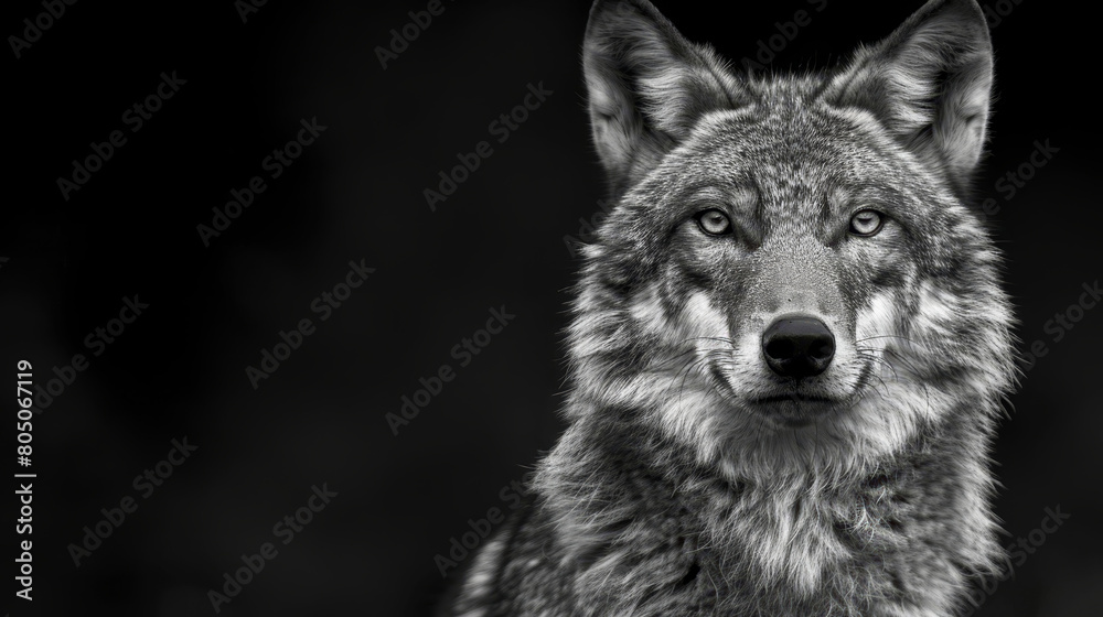 A black-and-white image of a wolf gazing into the camera with a mournful expression A black-and-white image of a wolf gazing into the camera with a mournful expression