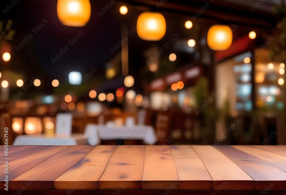 A wooden table with blurred lights in the background, creating a cozy atmosphere