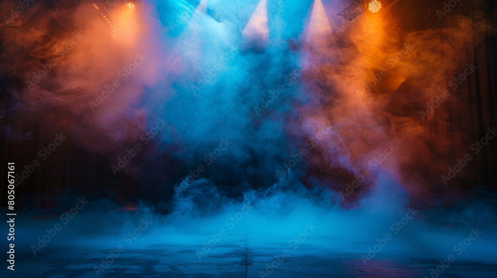 A stage with thick sky blue smoke under a rich amber spotlight, providing a serene, dreamy contrast.