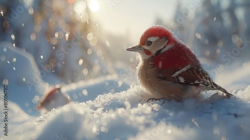   A small bird atop a snow-piled mound, near a forest of many snow-laden trees photo
