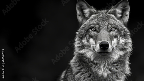   A black-and-white image of a wolf gazing into the camera with a mournful expression