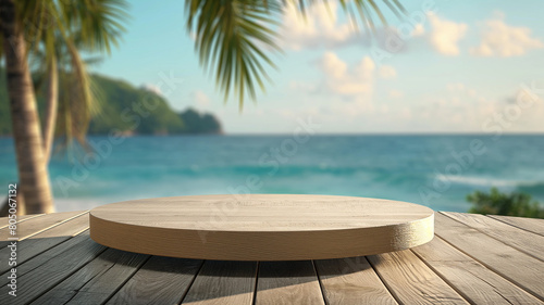 Display podium with tropical beach background. Summer themed display podium. Product presentation, mock up © Furkan