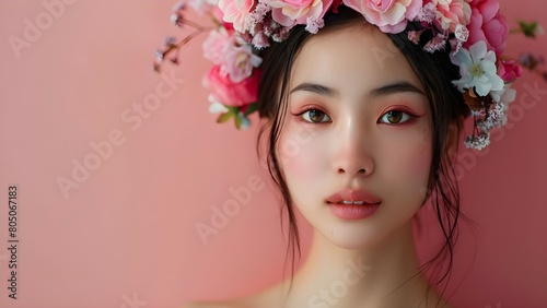 Beautiful asian woman model with flower on the pink background