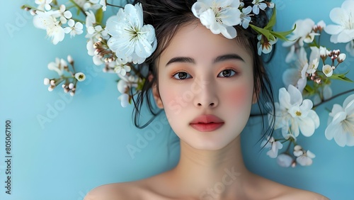 Beautiful asian woman model with flower on the blue background