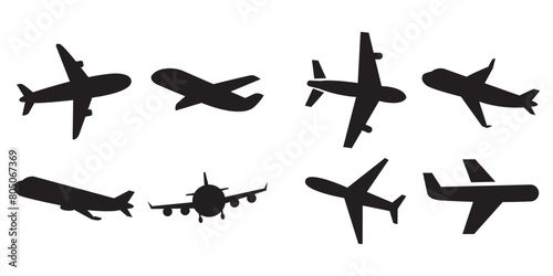  airplane icon set, Aircrafts black flat style, Flight transport symbol. Travel illustration. flat icon for apps and websites