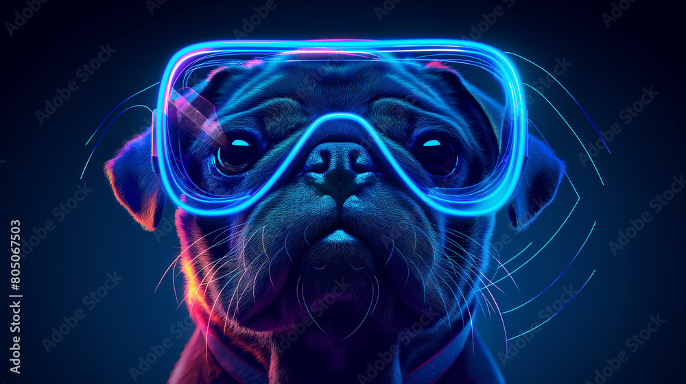 Pug dog waering glasses of virtual reality, VR glasses for virtual reality with funny dog, Pug dog waering glasses of virtual reality, VR glasses for virtual reality with funny dog,