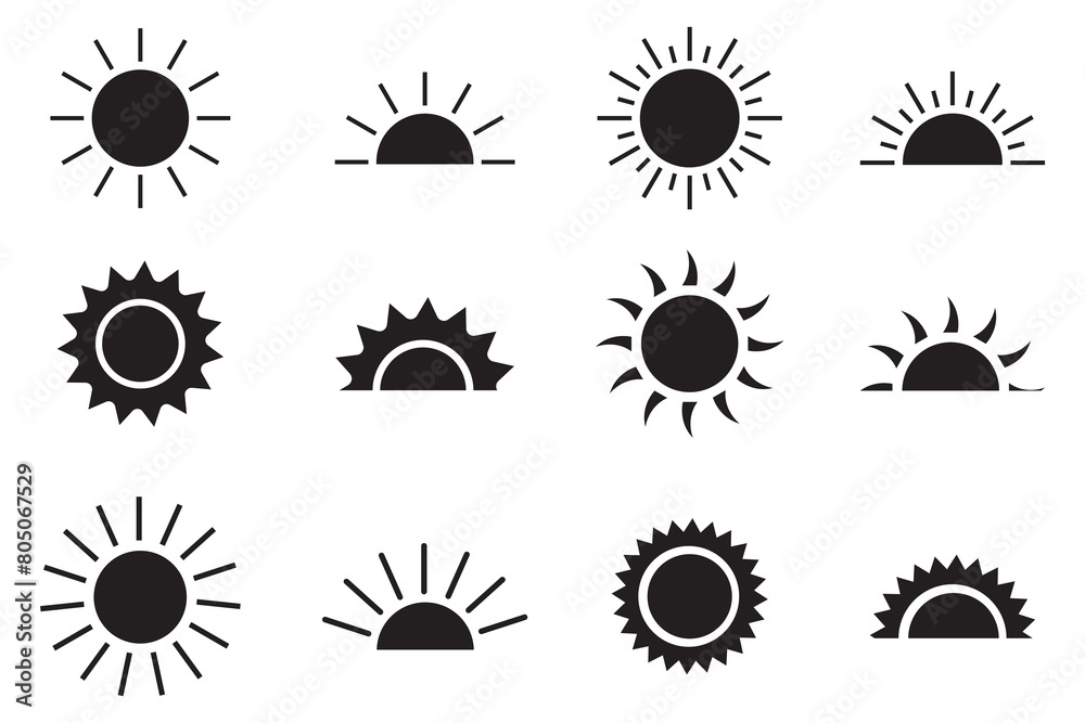 Sun icon set, Sun symbol vector, black suns star icons collection ...