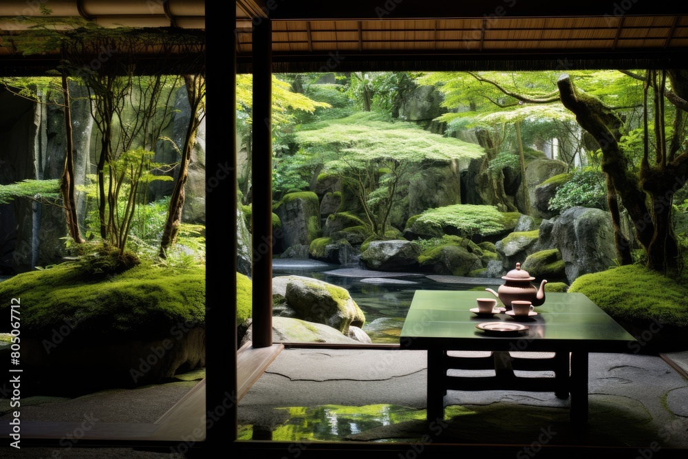 Zen Garden Tea House: A traditional tea house surrounded by a meticulously maintained zen garden.