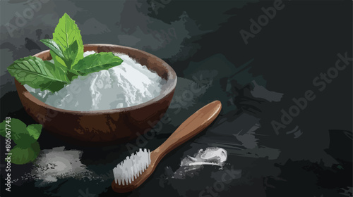 Bowl of tooth powder with mint and brush on dark background photo