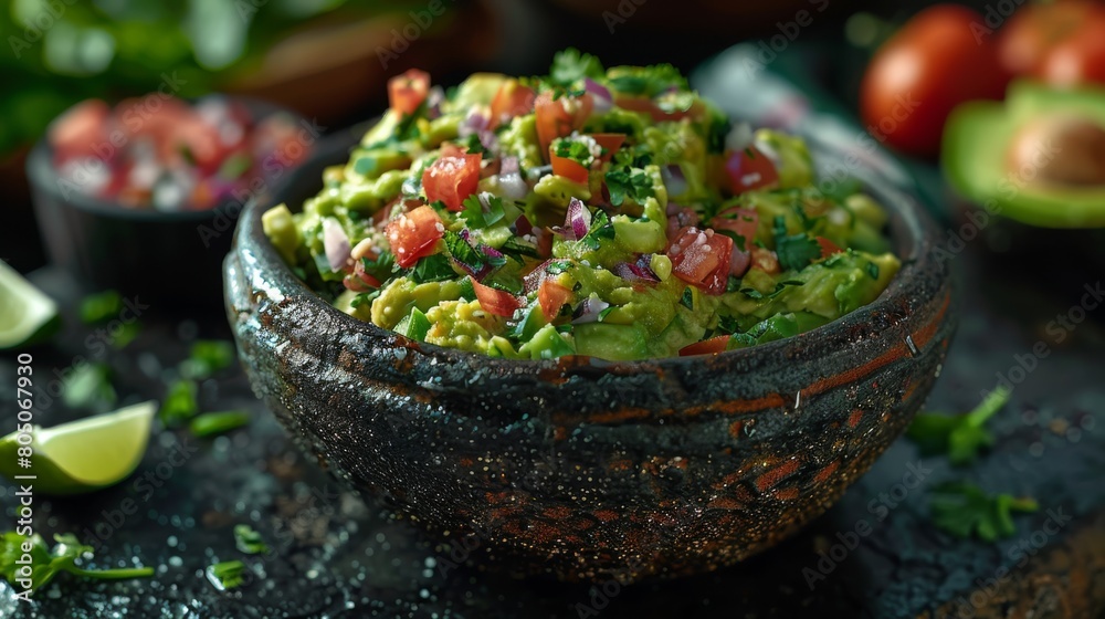 Fresh Homemade Guacamole in Rustic Molcajete. Authentic homemade guacamole loaded with fresh tomatoes, onions, cilantro, and lime, served in a traditional stone molcajete. Fresh Homemade Guacamole in Rustic Molcajete. Authentic homemade guacamole loaded with fresh tomatoes, onions, cilantro, and lime, served in a traditional stone molcajete.