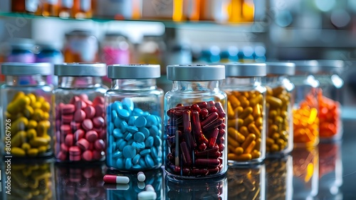 Colorful capsules medicines pills in bottle drug center chemistry pharmacy