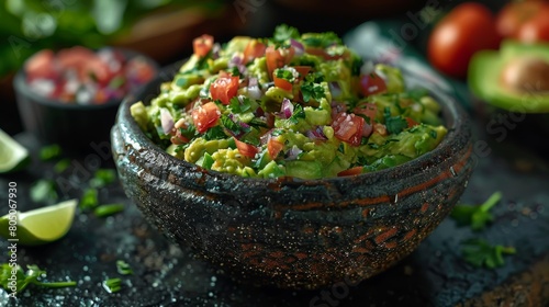 Fresh Homemade Guacamole in Rustic Molcajete. Authentic homemade guacamole loaded with fresh tomatoes, onions, cilantro, and lime, served in a traditional stone molcajete. photo