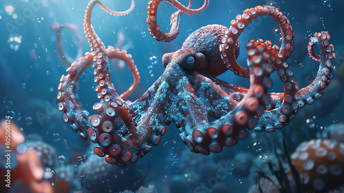 Immerse viewers in a magical underwater world with a surrealistic octopus gracefully swirling in pixelated waters Bring depth and texture through CG 3D rendering