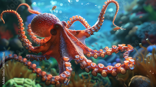 Immerse viewers in a magical underwater world with a surrealistic octopus gracefully swirling in pixelated waters Bring depth and texture through CG 3D rendering