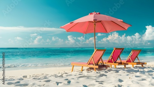Pink beach chairs and a beach umbrella on beach