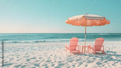 Pink beach chairs and a beach umbrella on beach