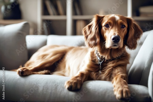 'sofa setter dog irish pet red portrait animal white sitting background head isolated adult old cute2 brown hair studio home interior family square domestic couch mammal adorable canino bed furniture' photo