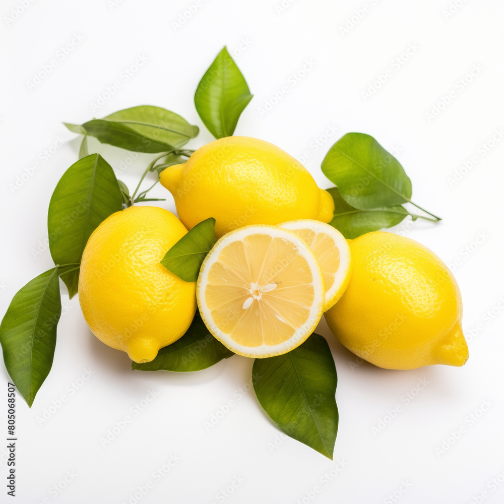 Ripe yellow lemons and lush green leaves isolated on a white background, one cut in half to show freshness