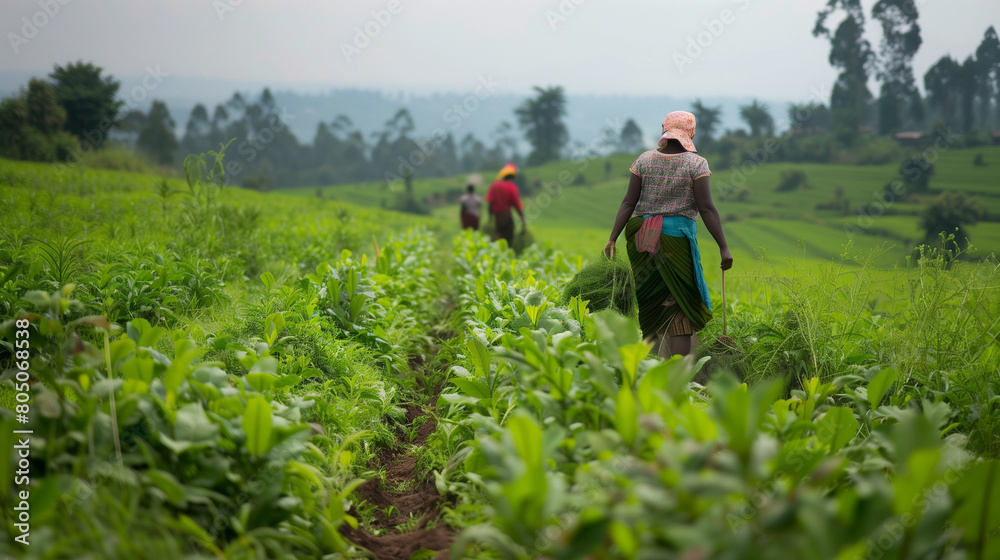 A woman is walking through a field of green plants A woman is walking through a field of green plants