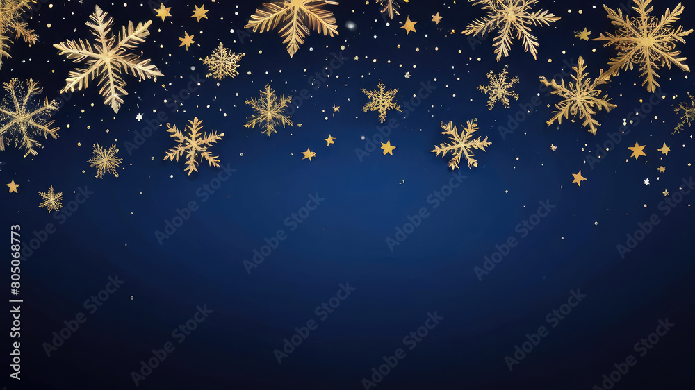 A dark blue backdrop with golden snowflakes and stars, perfect for festive and elegant seasonal designs. copy space A dark blue backdrop with golden snowflakes and stars, perfect for festive and elegant seasonal designs. copy space