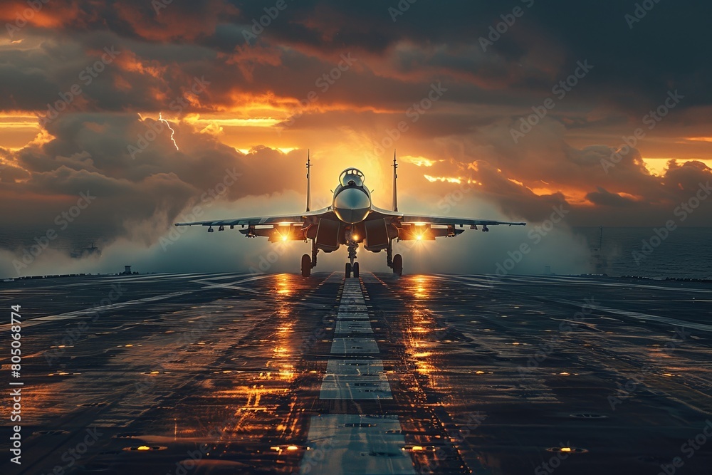 Naklejka premium A military jet positioned on an aircraft carrier against a dramatic sunset sky