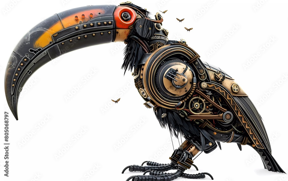 Naklejka premium Render of a steampunk metal 3D illustration of a toucan bird, on a white background