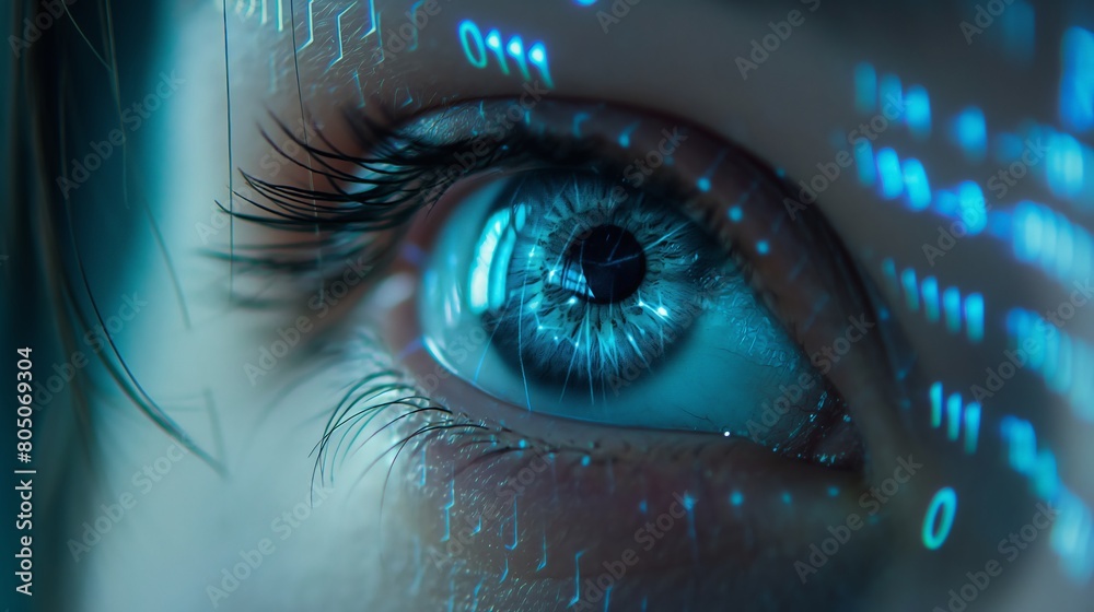 Close-up of an eye with digital binary code reflections, symbolizing technology integration and futuristic concepts.