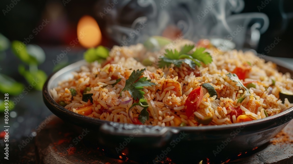 Aromatic Vegetable Biryani with Fresh Herbs. A steaming hot vegetable biryani richly flavored with spices and garnished with fresh herbs, served in a traditional bowl.