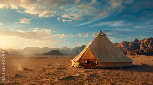 A tent encampment in a desert environment Bedouin tents in the Sahara Desert  Camp in the desert tent with clear blue sky above it  Generative Ai 