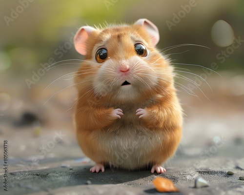 Photo of a cute hamster, looking at the camera with big eyes, sitting on a table