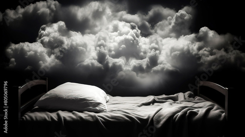 The concept of insomnia. Empty bed with pillow in the night cloud. AI generated.