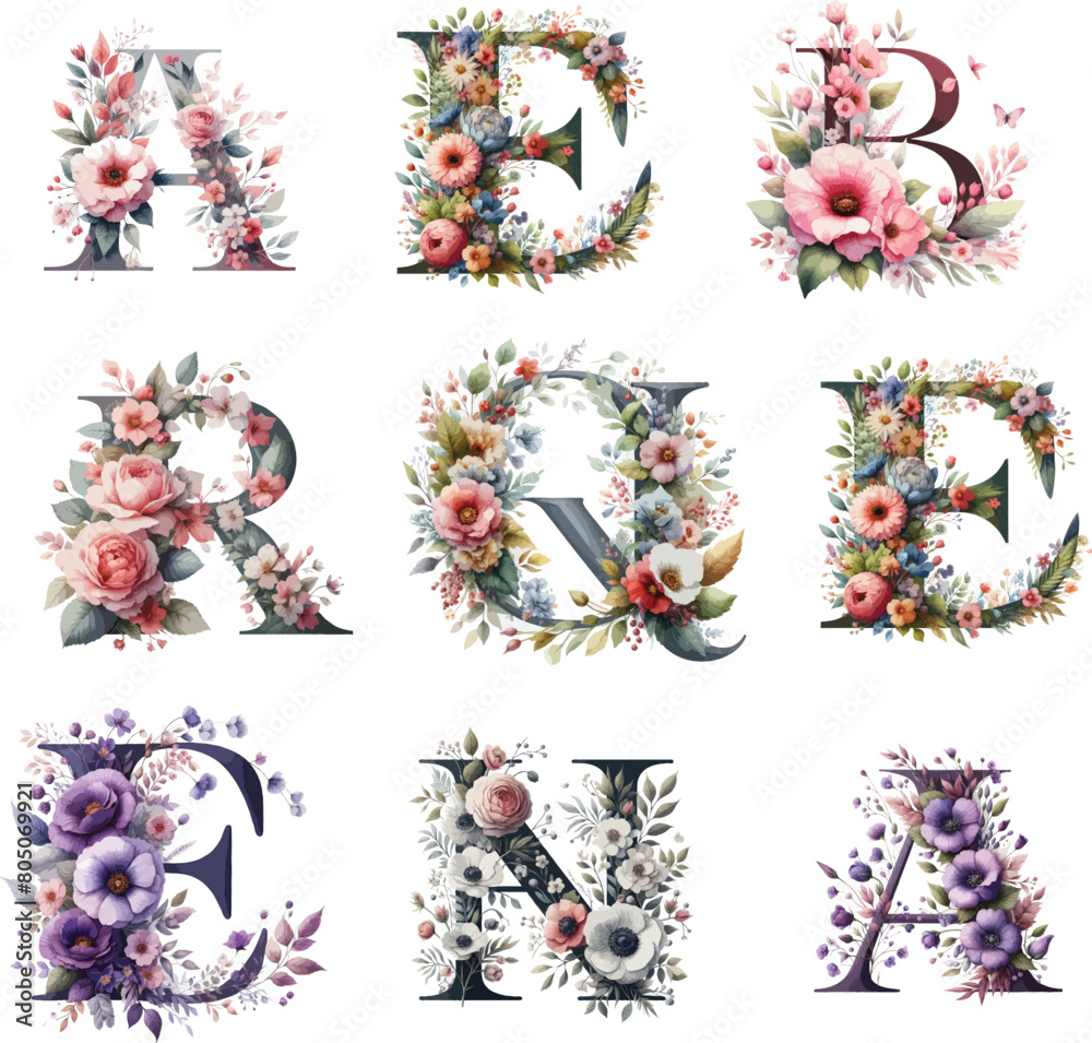Floral alphabet with flowers, rose, purple, pink Floral alphabet with flowers, rose, purple, pink