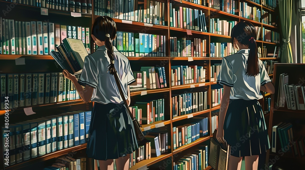 Spectacular Teen girl reading near boyfriend choosing book Spectacular Teen girl reading near boyfriend choosing book