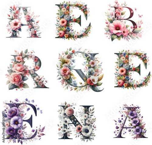 Floral alphabet with flowers, rose, purple, pink