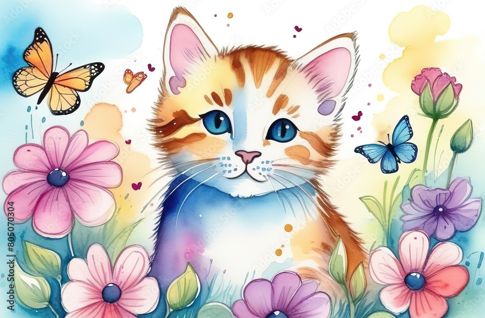 A beautiful, red, white cat with flowers and butterflies. A big head. A colored postcard. Cover for a notebook, book, notebook. Mother's Day, March 8, birthday, congratulations on the holiday